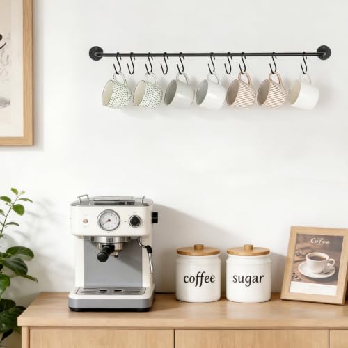 Mkono Wall Mounted Mug Holder, Coffee Cup Hanger Rack with 10 Hooks, 1 Pack | Kitchen Rod, Space Saving, Easy Assembly, Wall & Under Cabinet, Durable Metal, Kitchen Dining Bar Organizer, Multi-Function - size: Large