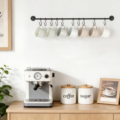 Mkono Wall Mounted Mug Holder, Coffee Cup Hanger Rack with 10 Hooks, 1 Pack | Kitchen Rod, Space Saving, Easy Assembly, Wall & Under Cabinet, Durable Metal, Kitchen Dining Bar Organizer, Multi-Function - size: Large