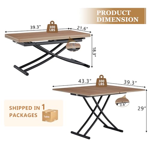 Adjustable Height Coffee Table, Folding Dining Table, Wood & Black | Convertible lift top table for use as a coffee table, dining table, home office desk or vanity - color: Wood & Black Legs