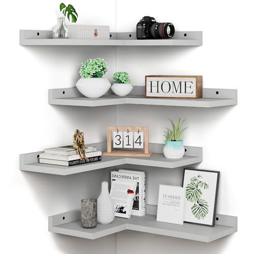 4 Tier Floating Corner Shelves Grey Set of 4, Rustic Pine Wooden Floating Corner Wall Shelf for Wall Décor Storage, L Shaped Corner Shelf Wall Mount for Bedroom, Living Room, Bathroom, Kitchen. - color: Grey Floating Corner Shelves