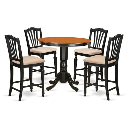 East West Furniture JACH5-BLK-C 5 Piece Kitchen Counter Set Includes a Round Dining Room Table with Pedestal and 4 Linen Fabric Upholstered Dining Chairs, 36x36 Inch, Black & Cherry - color: Jach5-blk-c