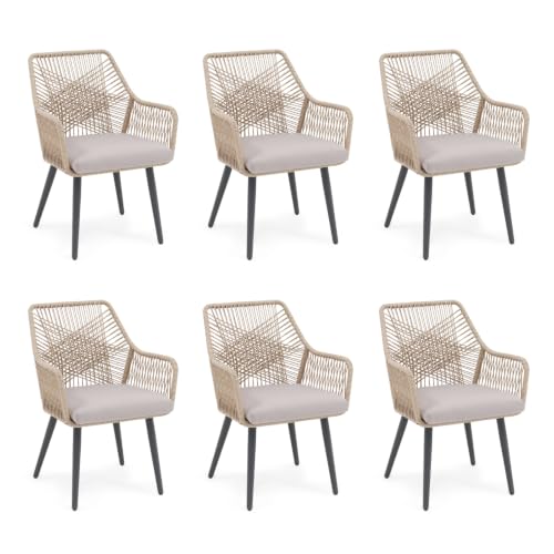 Patio Dining Chairs Set of 6, Woven Outdoor Chairs with Armrest, Tan | All-Weather Woven Rope Rattan & Iron Frame, w/Seat Cushions,350lb Weight Capacity, for Backyard, Deck, Indoor Dining Kitchen - color: Tan & Cross Back, size: 6 Pcs-Dining Chairs