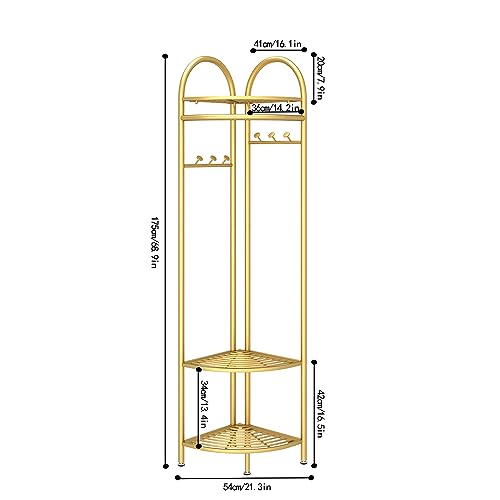 Metal Corner Coat Racks, Gold Clothing Racks Hall Tree, Freestanding Garment Rack with Hooks and Storage Shelf for Hallway, Entryway, Bedroom, Living Room, Office(Gold)