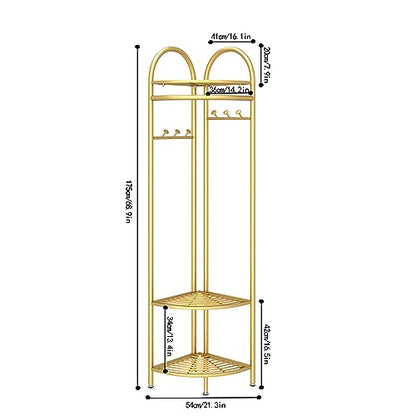 Metal Corner Coat Racks, Gold Clothing Racks Hall Tree, Freestanding Garment Rack with Hooks and Storage Shelf for Hallway, Entryway, Bedroom, Living Room, Office(Gold)