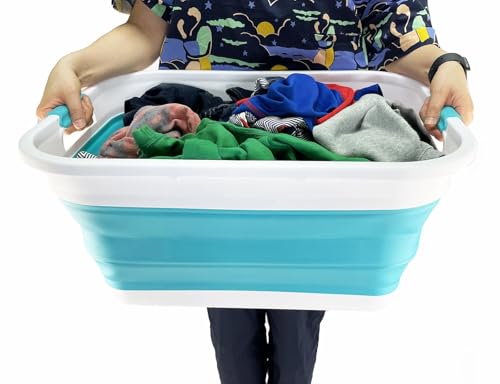 SAMMART 41L (10.8 gallons) Collapsible Plastic Laundry Washing Tub/Basket-Foldable Pop Up Storage Container/Organizer-Portable Laundry Hamper-Space Saving (1, White/Ceramic Blue) - color: White/Ceramic Blue