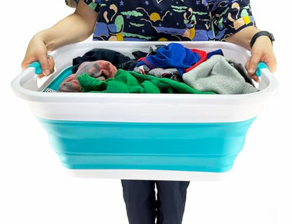 SAMMART 41L (10.8 gallons) Collapsible Plastic Laundry Washing Tub/Basket-Foldable Pop Up Storage Container/Organizer-Portable Laundry Hamper-Space Saving (1, White/Ceramic Blue) - color: White/Ceramic Blue
