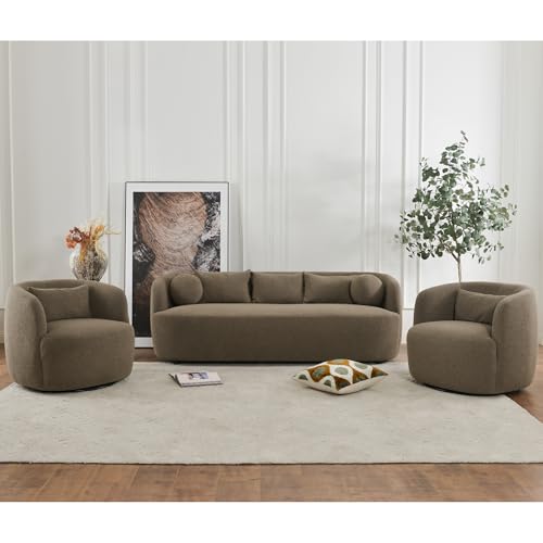 KINWELL 85" Boucle Upholstered Sofa with 2 Swivel Chairs, Teddy Brown | No Assembly Sherpa Living Room Furniture Sets, 3-Seater Couch Settee and Barrel Chairs Armchairs for Small Spaces Apartment - color: Teddy Brown, size: Sofa + 2 Chairs
