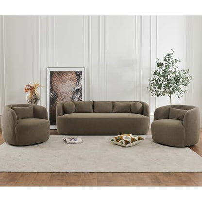 KINWELL 85" Boucle Upholstered Sofa with 2 Swivel Chairs, Teddy Brown | No Assembly Sherpa Living Room Furniture Sets, 3-Seater Couch Settee and Barrel Chairs Armchairs for Small Spaces Apartment - color: Teddy Brown, size: Sofa + 2 Chairs
