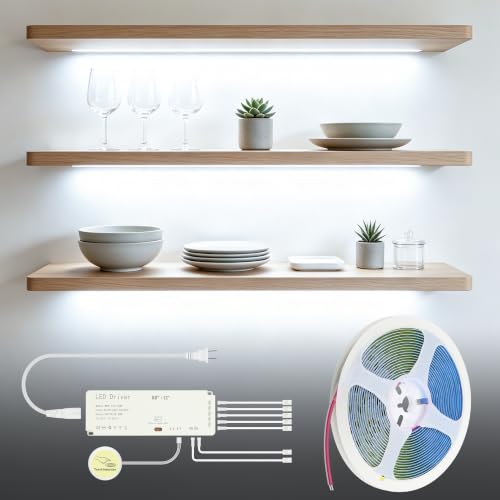 COB LED Shelf Lighting Cold White 12V Cabinet Light Plug in 16.4FT | 60W 7-in-1 Under Cabinet Lights，Touch Switch Dimmable，Flexible DIY Cuttable, 320LED/M LED Tape Light,for bookshelves pantry - color: Cold White, size: 5M