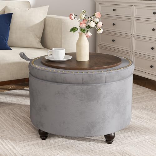 24 Inch Round Storage Ottoman,Modern Tufted Ottomans,Circular Coffee Table with Removable Top,Upholstered Large Ottoman with Storage Footrest Stool for Bedroom Living Room (Lightgrey) - color: Lightgrey, size: 24"D x 24"W x 16.9"H