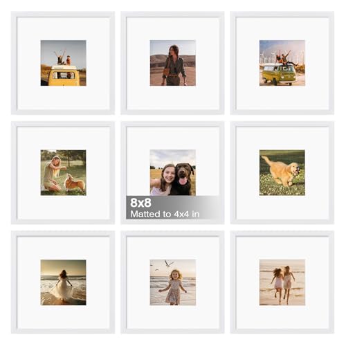 8x8 Frame Set of 9, 8 by 8 Square Picture Frames with Plexiglass for Picture 4x4 with Mat or 8x8 without Mat, Art Collage for Wall Gallery and Tabletop Display, 8 x 8 Photo Frame White - color: White, size: 8x8