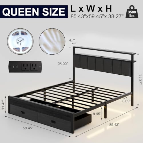 Queen Bed Frames with Storage Drawer, Platform Bed with Charging Station and LED Lights, Upholstered Headboard with 2-Tier Storage Shelves, No Box Spring Needed - size: Queen, style: Modern