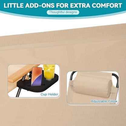 Beach Lounge Chair with Sun Shade, Folding Outdoor Chaise Lounge Chair with Arms, 4-Position Backrest, Extended Sun Tanning Chair Pillow & Cup Holder, Patio Lounger for Outside for Beach(Beige-U) - color: Beige-u