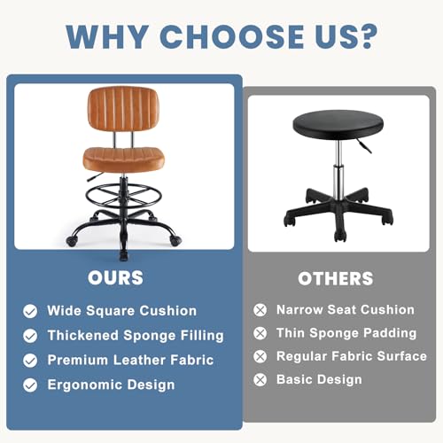 DUMOS Armless Drafting Chair, Standing Desk Chair, Rolling Stool | Ergonomic Low Back Office Seat, Height Adjustable with Footrest Ring, PU Leather, Swivel Wheels, Studio Lab Counter, Brown - color: Brown
