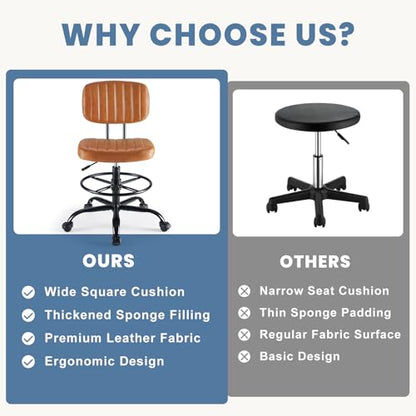 DUMOS Armless Drafting Chair, Standing Desk Chair, Rolling Stool | Ergonomic Low Back Office Seat, Height Adjustable with Footrest Ring, PU Leather, Swivel Wheels, Studio Lab Counter, Brown - color: Brown