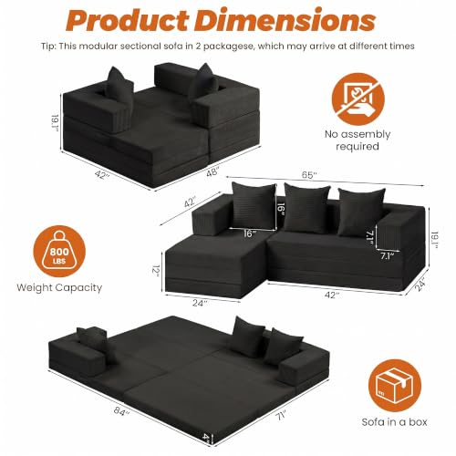 6-in-1 Boneless Couches Modular Sectional Sofa | Cloud Couch Sectional & Tri-Folding Mattress | Corduroy Pet-Friendly Convertible Sofa Bed with 800LB Capacity Living Room, Apartment, Guest Room - color: Black
