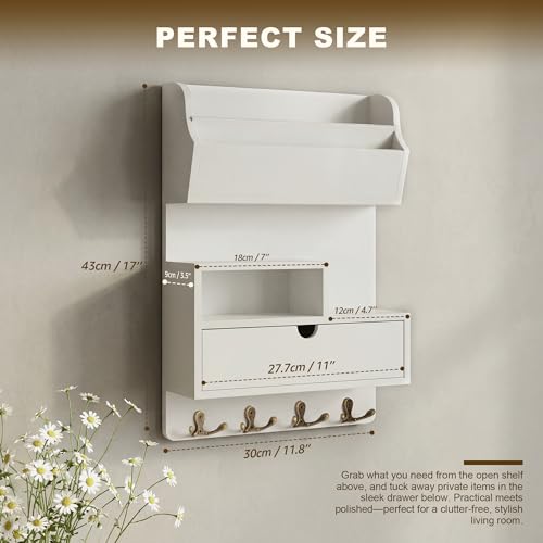 Rebee Vision Pine Wood Key Holder Wall Mount with Shelf & Drawer, White | Mail and Key Organizer, 4 Key Hooks, Stores Small Essentials, Displays a Plant, Adds Stylish, Apartment Essential Charm - color: White