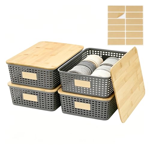 4 Pack Plastic Storage Bins with Bamboo Lids, 6.2qt Stackable Storage Organizer Box with Lable for Pantry Shelves Drawers Desktop Office, 12"L x 8.3"W x 3.5"H, Gray - color: Gray, size: Shallow- 4 Pack