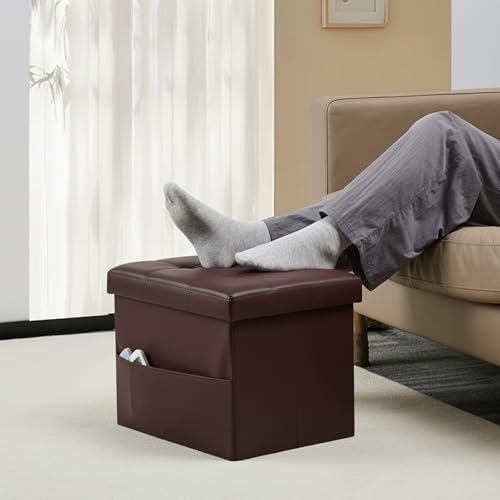 Bsketa Storage Ottoman Bench,17 Inch Folding Leather Foot Rest Stool, Brown | Small Ottoman with Side Pockets, Thicker Foam Padded Seat, Livingroom, Dorm, Bedroom, Easy to install, 43L,17x13x13in - color: Brown-with Side Pockets.