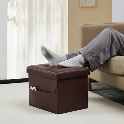 Bsketa Storage Ottoman Bench,17 Inch Folding Leather Foot Rest Stool, Brown | Small Ottoman with Side Pockets, Thicker Foam Padded Seat, Livingroom, Dorm, Bedroom, Easy to install, 43L,17x13x13in - color: Brown-with Side Pockets.