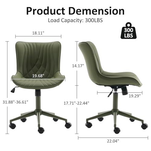 YOUTASTE Green Armless Office Chair, Modern Adjustable Swivel Desk Chair with Wheels, Upholstered PU Leather, Green Metal Legs, Back Support for Home Office, Study, Vanity, Bedroom - color: All Green