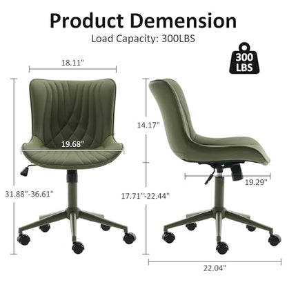 YOUTASTE Green Armless Office Chair, Modern Adjustable Swivel Desk Chair with Wheels, Upholstered PU Leather, Green Metal Legs, Back Support for Home Office, Study, Vanity, Bedroom - color: All Green