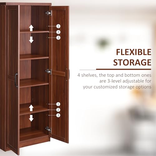 HOMCOM 63" 2-Door Kitchen Pantry 5-Tier Brown | Freestanding Storage Cabinet, Shelving, 2 Adjustable Shelves, for Dining Room - color: Brown