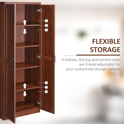 HOMCOM 63" 2-Door Kitchen Pantry 5-Tier Brown | Freestanding Storage Cabinet, Shelving, 2 Adjustable Shelves, for Dining Room - color: Brown