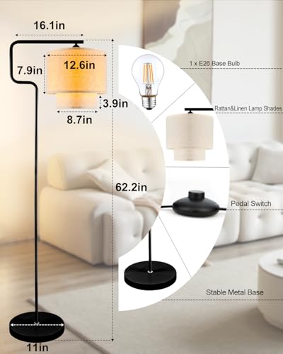 Lightdot 62IN Floor Lamps for Living Room, Modern Standing Tall Lamps with Double Linen Shades, 3000K Arc Bohemian Floor Lamp with Foot Switch for Wedding/Party, Bedroom, Home Office-Black - color: Double Linen-Black