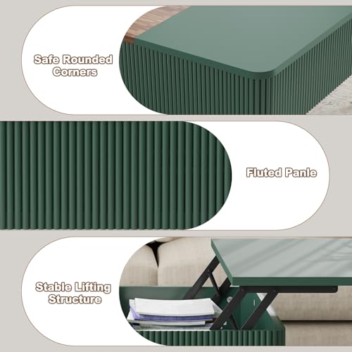 HLR 47" Dual Lift Top Coffee Table with Storage, Modern Wood Fluted Coffee Table with Hidden Compartment,Lift Tabletop Dining Center Table for Living Room, Office (Green)