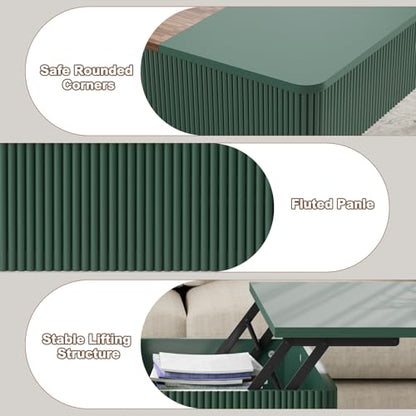 HLR 47" Dual Lift Top Coffee Table with Storage, Modern Wood Fluted Coffee Table with Hidden Compartment,Lift Tabletop Dining Center Table for Living Room, Office (Green)
