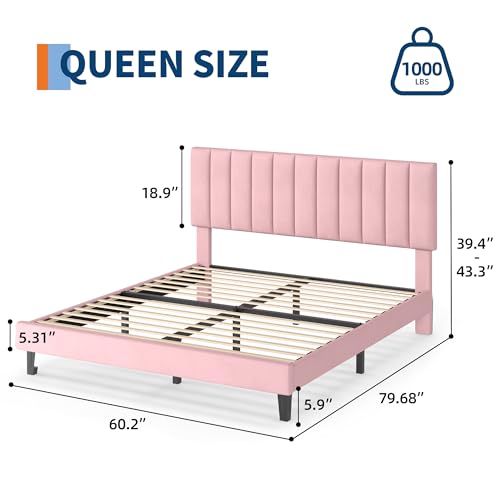 Garvee Queen Size Platform Bed Frame with Upholstered Headboard, Pink | Fully Velvet Upholstered Mattress Foundation with Height Adjustable Headboard, No Box Spring Needed, Easy Assembly - color: Pink, size: Queen