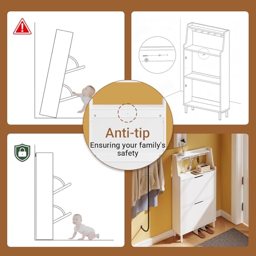 HHaotian Flip-Drawer Shoe Cabinet with Two Drawers & Open Shelves | Slim Hidden Shoe Rack Cabinet with Hook for Entryway, FSR221-W - color: White, size: 2-Drawers+Shelf