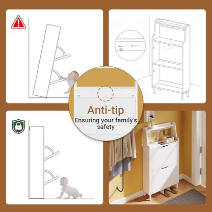HHaotian Flip-Drawer Shoe Cabinet with Two Drawers & Open Shelves | Slim Hidden Shoe Rack Cabinet with Hook for Entryway, FSR221-W - color: White, size: 2-Drawers+Shelf