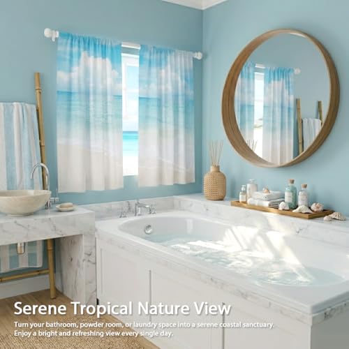 zokyer Coastal Kitchen Curtains, Beach Theme, 27.5" W x 39" L, Rod Pocket | 2 Panels, Hawaiian Tropical Nautical Seascape, S-ummer Blue Sea Sky Ocean Landscape, Sand Short Window Drapes Tiers Decor - size: 27.5"W x 39"L (Pack of 2)