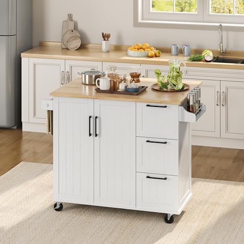 Yaheetech 49" Width Rolling Kitchen Island with Storage, Dropleaf, White | Kitchen Island on 5 Universal Wheels with Rubberwood Top Storage Cabinet, 3 Drawers, Towel/Spice Rack for Dining/Living Room - color: White, size: 49"W x 29.5"D x 36"H