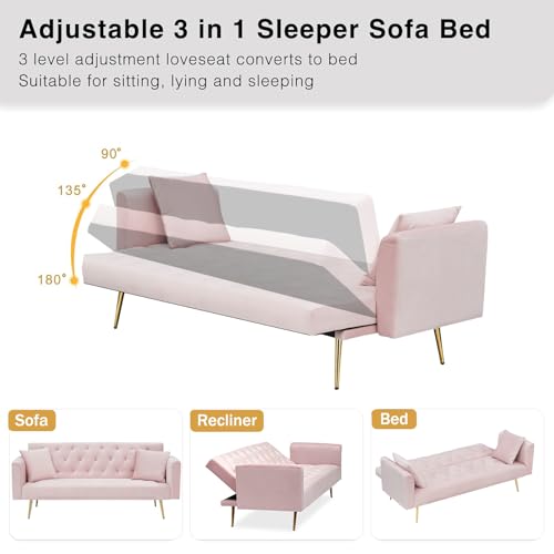 71" Modern Velvet Sofa Bed Futon, Convertible Sleeper Couch, Adj. Backrest | Tufted Recliner Loveseat Design with Golden Chrome Legs & 2 Pillows, Perfect for Small Spaces, Living Room, Apartment - color: Pink