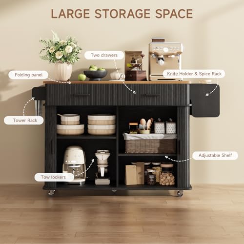 56" Kitchen Island on Wheels with Drop Leaf Countertop, Black | Large Mobile Island Table with 2 Drawers and Spice Rack and Tower Rack, Mid-Century Modern Island Cart w/ Storage for Kitchen - color: Black