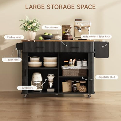 56" Kitchen Island on Wheels with Drop Leaf Countertop, Black | Large Mobile Island Table with 2 Drawers and Spice Rack and Tower Rack, Mid-Century Modern Island Cart w/ Storage for Kitchen - color: Black