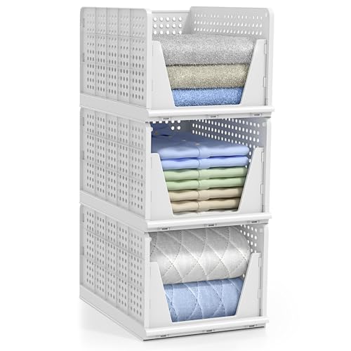 Sorbus 3 Pack Folding Closet Shelf Organizer for Clothes - Versatile Stackable Storage Baskets for Closet, Bathroom, Kitchen and Garage - Easy Access Open Front Design - Plastic Organizer Shelves - size: 3 Large