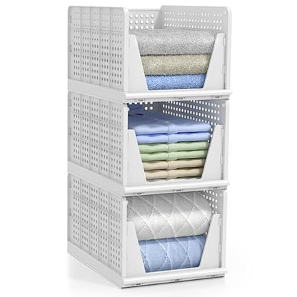 Sorbus 3 Pack Folding Closet Shelf Organizer for Clothes - Versatile Stackable Storage Baskets for Closet, Bathroom, Kitchen and Garage - Easy Access Open Front Design - Plastic Organizer Shelves - size: 3 Large
