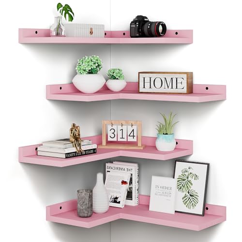 4 Tier Floating Corner Shelves Pink Set of 4, Rustic Pine Wooden Floating Corner Wall Shelf for Wall Décor Storage, L Shaped Corner Shelf Wall Mount for Bedroom, Living Room, Bathroom, Kitchen. - color: Pink Floating Corner Shelves
