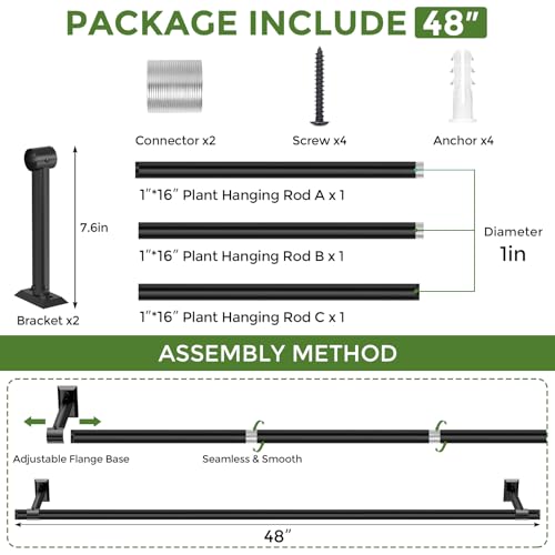Plant Hanging Rod, 48 Inch Window Plant Hanger for Indoor Plants | Heavy Duty 1 Inch Metal Plant Rod for Window with Square Flange Base, Plant Shelves Wall Planters, Pot Not Included, Black - size: 48 Inch