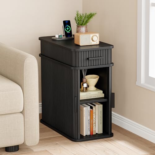Fluted End Table with Charging Station, Narrow Side Table with Drawers, Skinny Nightstand with Storage, Mid-Century Modern Bedside Tables for Small Space Living Room Sofa Couch, Patent Pending - color: Black