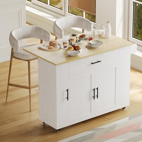 IRONCK 52 in Rolling Kitchen Island on Wheels with Drop Leaf and Drawer | Kitchen Cart with Drop Leaf, Spice and Towel Rack. Large Storage Cabinet. Adjustable Shelf. Bar Cart. Mobile Coffee Station. - color: White