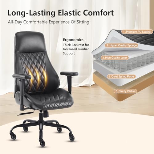 YFO Home Office Desk Chair High Back Office Rubber Chair Casters Ergonomic Computer Chair with Lumbar Support Adjustable Height Rolling Swivel Chair Executive Task Armrests, Black PU - color: Black, size: High Back