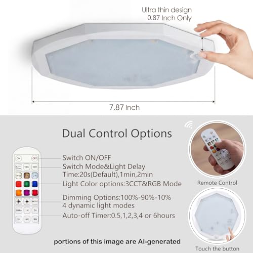 Motion Sensor Ceiling Light, Rechargeable Shower Light for Closet | 3CCT and RGBW, Magnetic, Remote,15000mAh Battery Operated Bathroom Mood Shower Overhead Lighting For Wall Shed Hallway Stairs