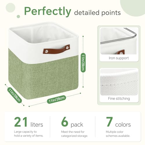 FinishingBo 11x11 Cube Storage Bins 6 Pack, Fabric Basket with Handles | Foldable Storage Cubes, PU Leather Handles,Closet Storage, White Green - color: White/ Green