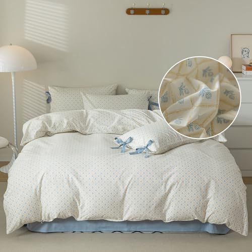 Blue Floral Duvet Cover Twin Soft Cotton Garden Style Floral Bedding Comforter Cover Plaid Grid Design Vintage Blue Flower Duvet Cover with 2 Bowknot Pillowcases Botanical Cottagecore Bedding Set - color: A1# 01-6 Bow Tie Bloom Blue, size: Twin(68"x86")