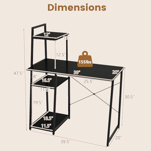 Tangkula Computer Desk with Shelves, Space Saving Home Office Desk with 3-Tier Ladder Shaped Storage Bookshelf, Modern Writing Study Desk with Metal Frame, Compact Computer Workstation (Black) - color: Black